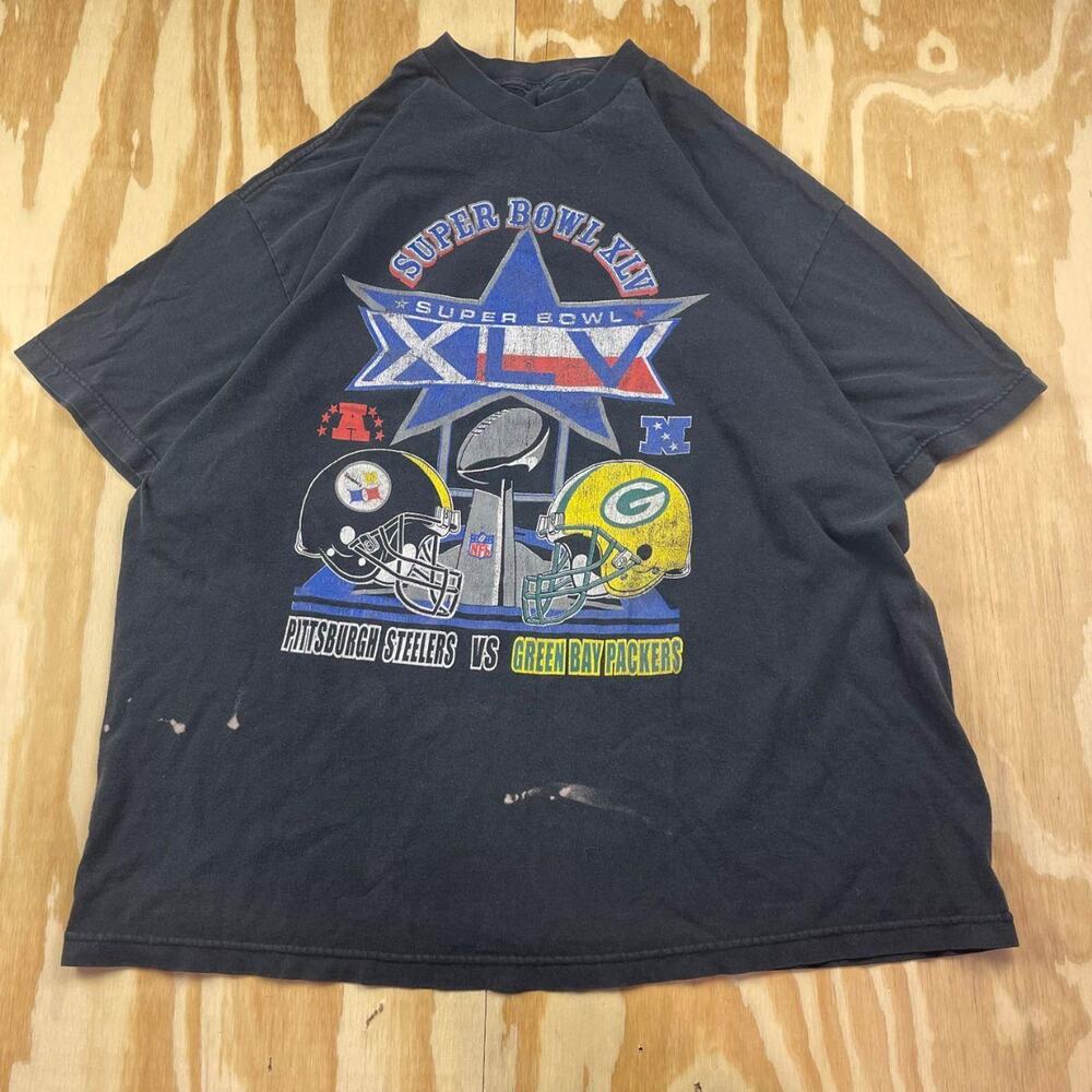 Vintage Super Bowl XLV Faded Black Graphic Tee – Packers vs Steelers – Men’s XL